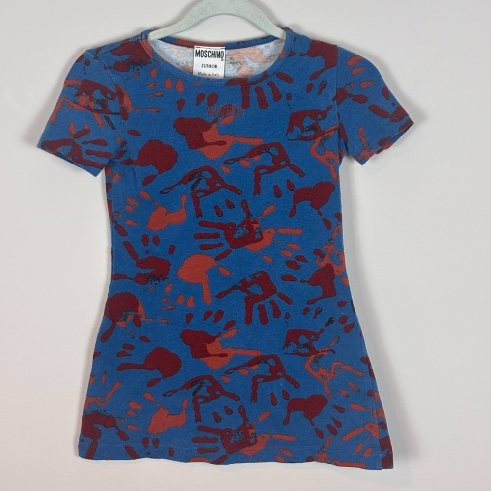 Moschino Junior Girls‎ Blue Handprint Cotton Short Sleeve Dress Italian sz 26/5T